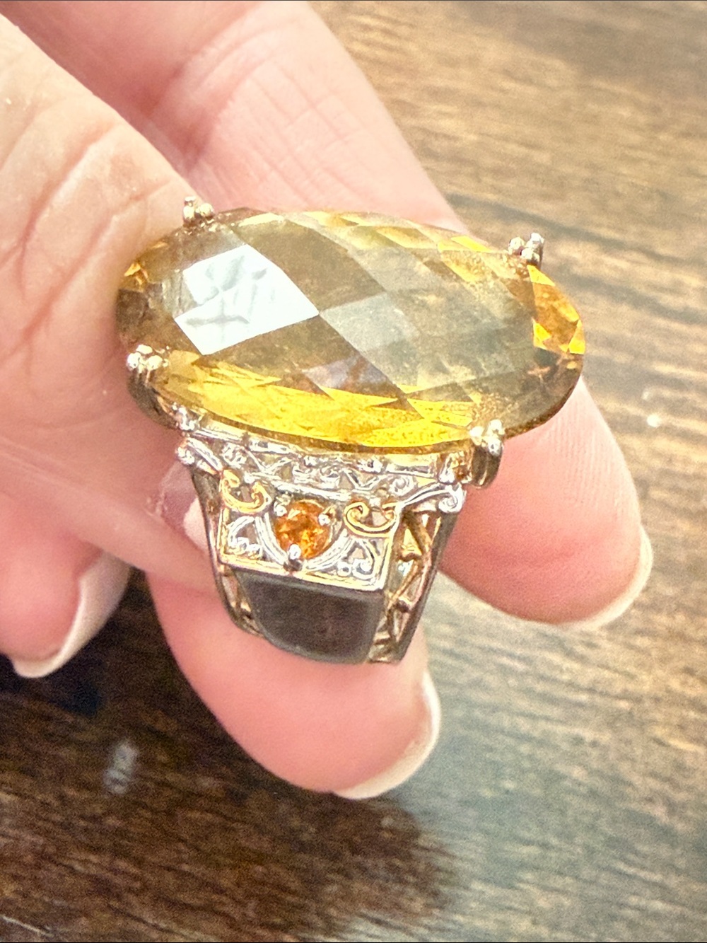 Vintage Michal Valitutti gold and silver Citrine Oval Cocktail Ring -